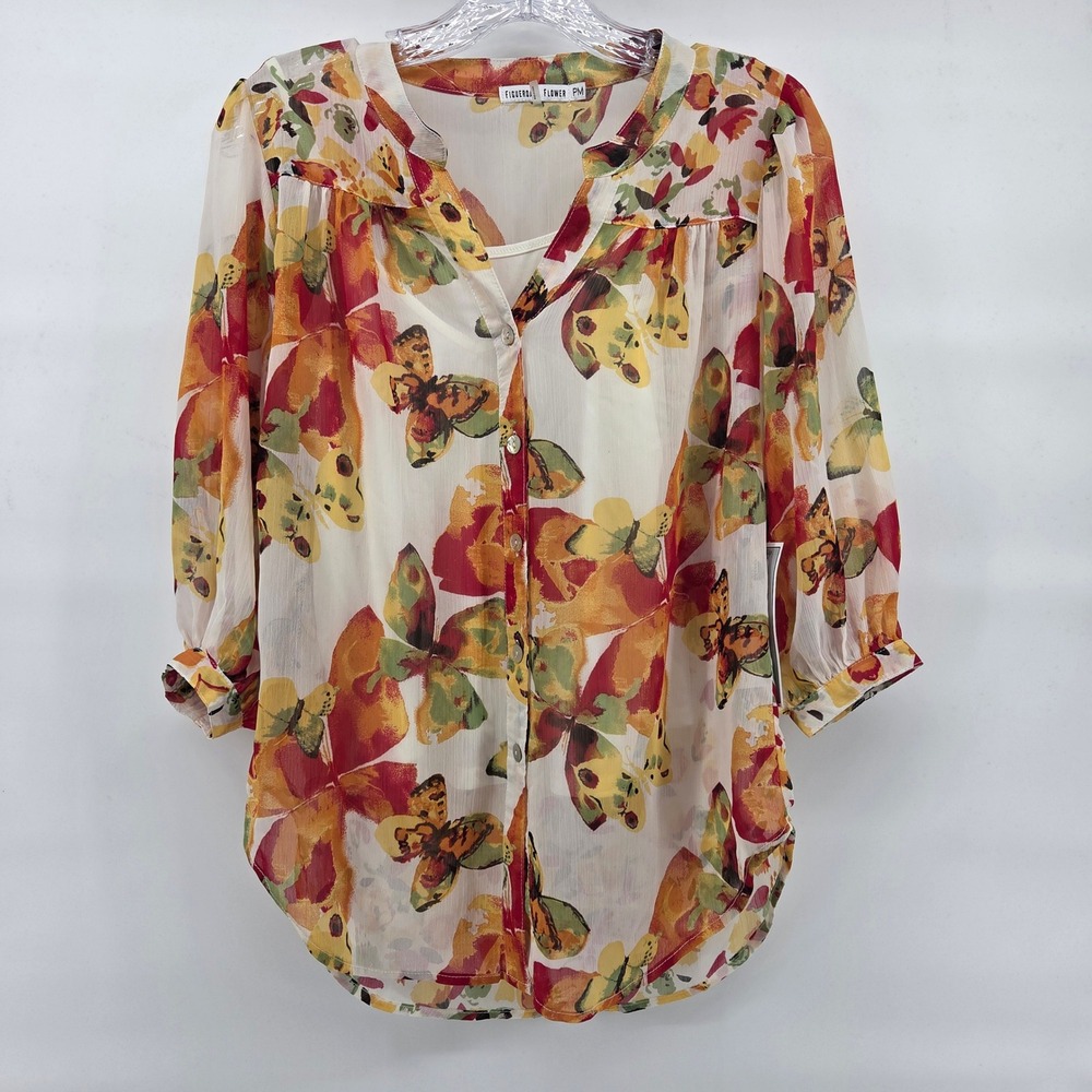 Figueroa & Flower Top PM Petite Medium Orange Red‎ Butterfly Print NWT
